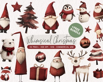 Clipart navideño caprichoso en acuarela, PNG navideño lindo, SVG de Papá Noel, gráficos navideños lindos, vector navideño, ilustración navideña roja