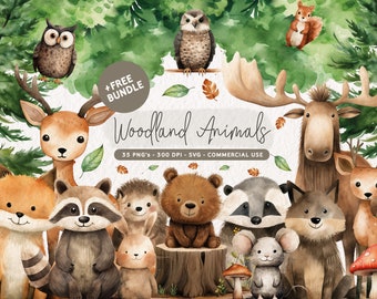 Woodland Animals Clipart Bundle, Cute Forest Animals PNG, Watercolor Woodland Animals Baby Shower, Forest Babies SVG, Nursery Woodland Decor