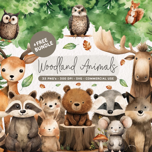 Woodland Animals Clipart Bundle, Cute Forest Animals PNG, Watercolor Woodland Animals Baby Shower, Forest Babies SVG, Nursery Woodland Decor