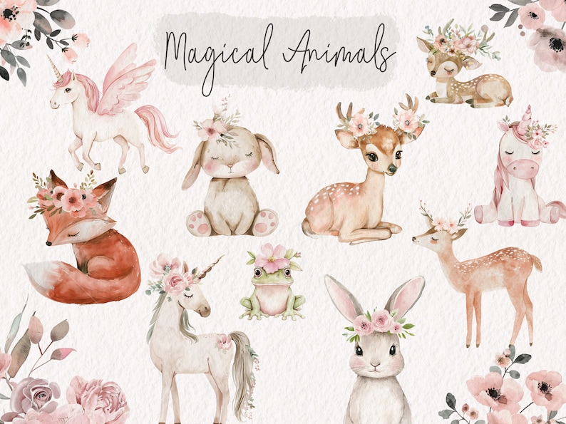 K&ouml;nnte beinhalten: Aquarell-Illustrationen von magischen Tieren mit Blumenkr&auml;nzen. Die Tiere umfassen ein Einhorn, einen Fuchs, ein Kaninchen, ein Reh, einen Frosch und ein H&auml;schen. Die Illustrationen sind in Rosa-, Braun- und Gr&uuml;nt&ouml;nen gehalten.