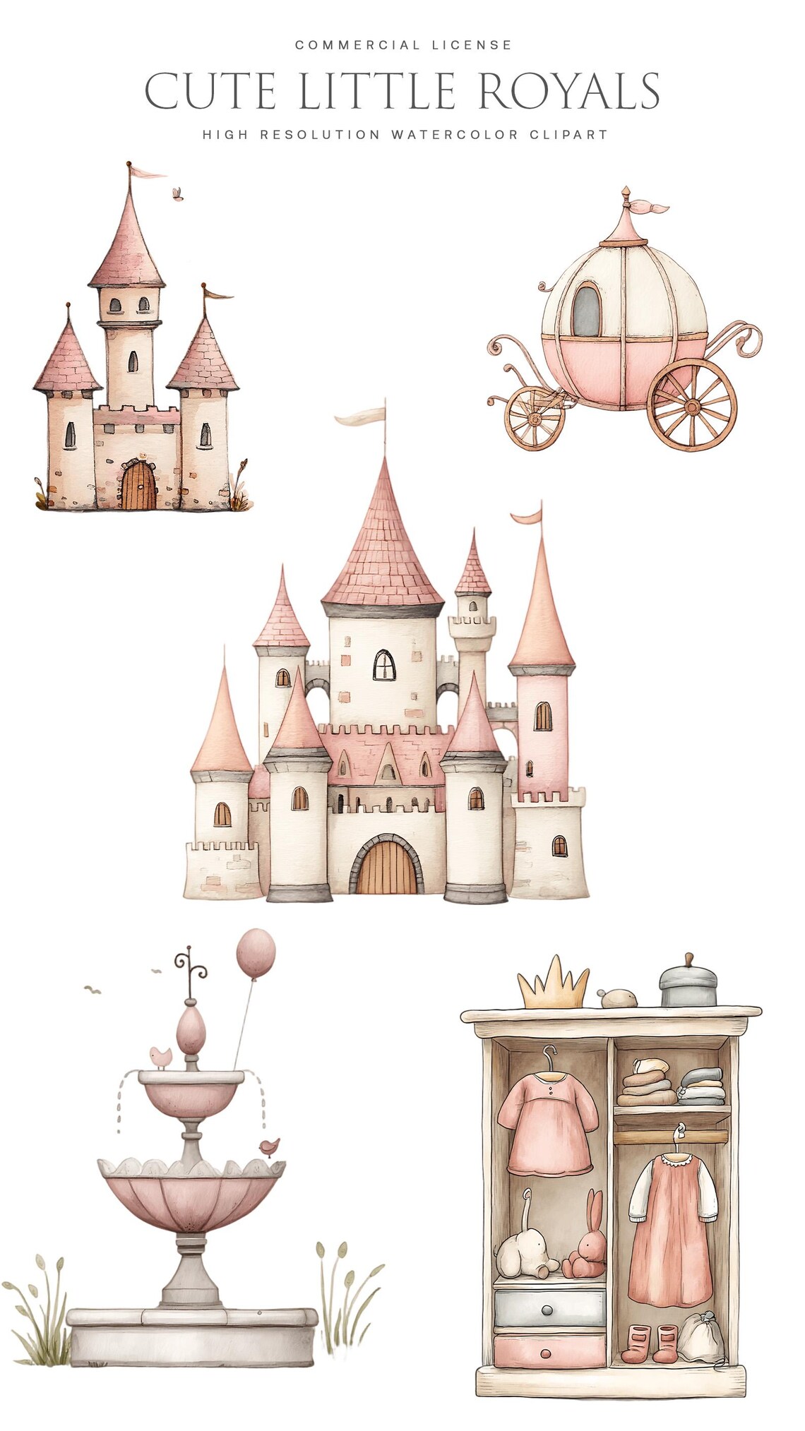 Princess Clipart Bundle – Watercolor Pink Graphics With Unicorn, Castle ...
