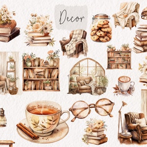 May include: Watercolor illustrations of cozy home decor items, including books, a bookshelf, a cup of coffee, a lamp, a chair, and a window. The illustrations are in a warm, inviting color palette.