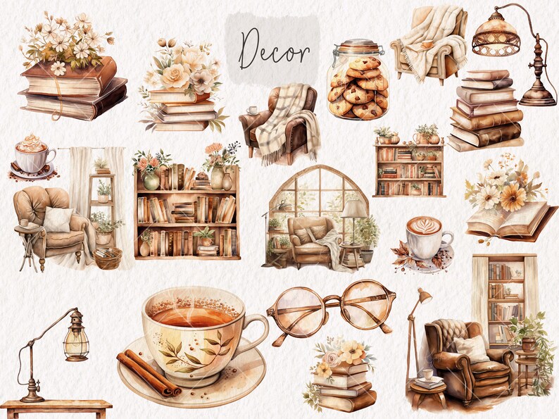 May include: Watercolor illustrations of cozy home decor items, including books, a bookshelf, a cup of coffee, a lamp, a chair, and a window. The illustrations are in a warm, inviting color palette.
