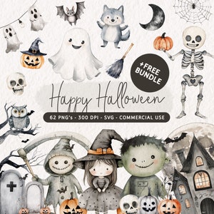 Pacote de clipart fofo de Halloween, clipart de aquarela feliz de Halloween, PNG assustador, SVG fantasma, gráficos de abóbora, ilustração de esqueleto, bruxa