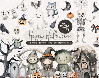 May include: Watercolor illustrations of Halloween-themed characters and objects. Includes ghosts, pumpkins, a skeleton, a witch, a wolf, a bat, and a haunted house. The words "Happy Halloween" are written in a script font. The image also includes the text "+ FREE BUNDLE".