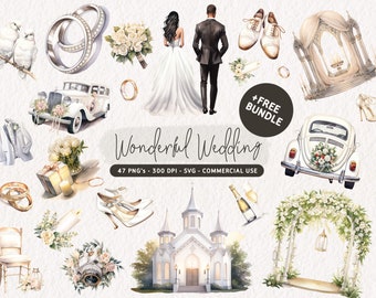 Watercolor Wedding Clipart Bundle, Wedding Day Graphics, Bride and Groom PNG, Wedding SVG, Wedding Ring PNG, Wedding Venue, Bride Clip Art