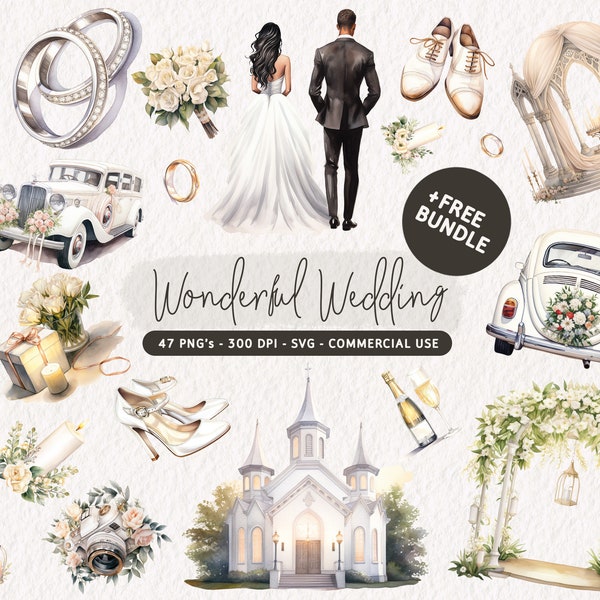 Bundle de cliparts mariage aquarelle, graphiques pour le jour du mariage, les mariés PNG, SVG de mariage, bague de mariage PNG, lieu de mariage, mariée Clip Art