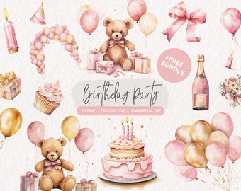 Pink Birthday Clipart Bundle, Watercolor Birthday Party Clip Art, Happy Birthday PNG Graphics, Pink Birthday SVG Set, Pink Birthday Balloons