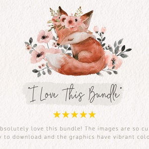 K&ouml;nnte beinhalten: Eine Aquarell-Illustration eines Fuchses, der eine Blumenkrone tr&auml;gt. Der Fuchs sitzt auf einem Bett aus rosa Blumen und gr&uuml;nen Bl&auml;ttern. Der Text "I Love This Bundle" steht unter dem Fuchs. F&uuml;nf goldene Sterne befinden sich unter dem Text. Der Text "Ich liebe dieses Bundle absolut! Die Bilder sind so s&uuml;&szlig;, einfach herunterzuladen und die Grafiken haben leuchtende Farben" steht unter den Sternen.