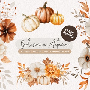 Imágenes prediseñadas de flores de otoño en acuarela, flores de otoño PNG, ramo de otoño, paquete de imágenes prediseñadas de calabaza, SVG floral de otoño, ilustraciones de coronas de otoño