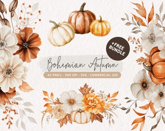 Watercolor Autumn Flower Clipart, Fall Flowers PNG, Autumn Bouquet, Pumpkin Clip Art Bundle, Floral Autumn SVG, Fall Wreath Illustrations