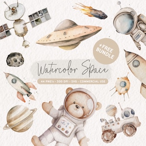 Watercolor Space Clipart Bundle, Cute Astronaut Nursery Decor, Outerspace Clip Art, Rocket Graphics, Space PNG, Space Birthday SVG, Planets