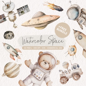 Pacchetto Clipart Spazio Acquerello, Grazioso Arredamento Astronauta per la cameretta, Clip Art Spazio, Grafica Razzo, PNG Spazio, SVG Compleanno Spazio, Pianeti