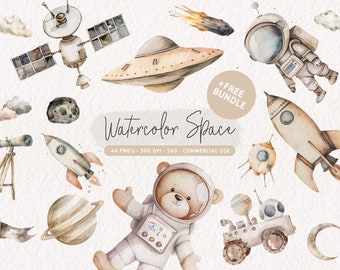 May include: Watercolour illustrations of space-themed objects, including a rocket, a spaceship, a bear astronaut, a planet, a moon, a telescope, and a satellite. The illustrations are in a muted colour palette of browns, tans, and creams.