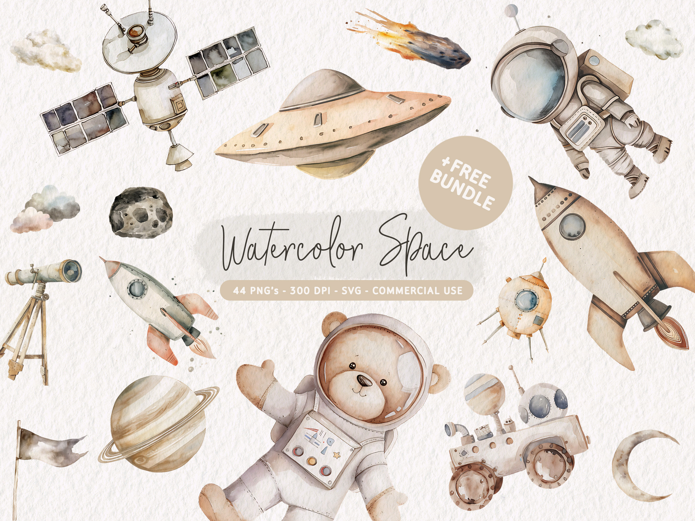 Watercolor Space Clipart Bundle, Cute Astronaut Nursery Decor, Outerspace Clip Art, Rocket Graphics, Space PNG, Space Birthday SVG, Planets