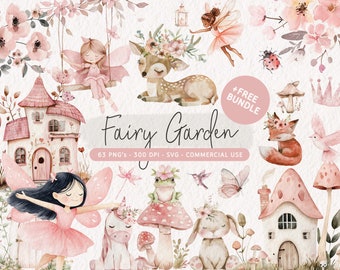 Watercolor Fairy Clipart Bundle, Cute Fairy PNG, Pink Fairy Garden Nursery Clip Art, Unicorn SVG, Mushroom Graphics, Magical Fairies