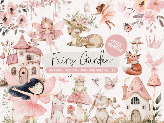 Watercolor Fairy Clipart Bundle, Cute Fairy PNG, Pink Fairy Garden Nursery Clip Art, Unicorn SVG, Mushroom Graphics, Magical Fairies