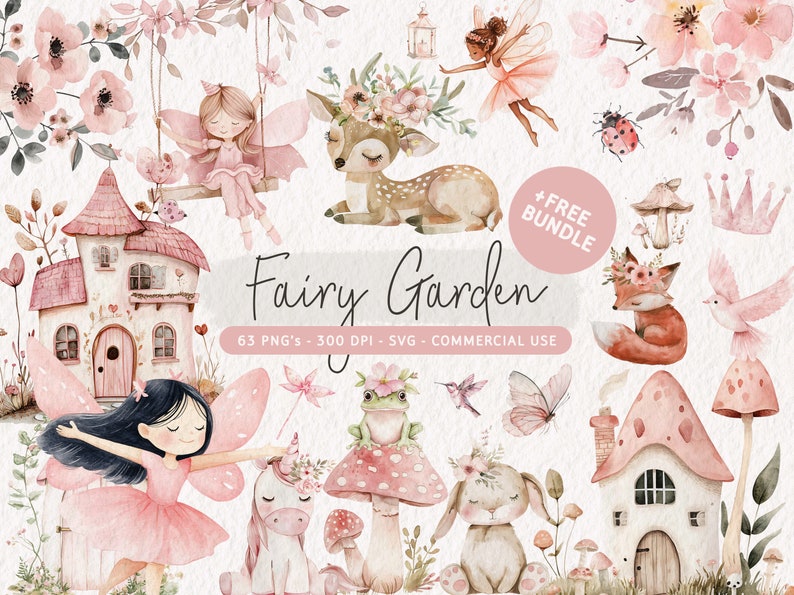 K&ouml;nnte beinhalten: Ein Aquarell-Illustrationsset mit dem Thema Feengarten. Das Set enth&auml;lt Feen, ein Einhorn, ein Reh, einen Frosch, ein Kaninchen, einen Fuchs, einen Vogel, Pilze, Blumen und H&auml;user. Die Illustrationen sind in Rosa-, Braun- und Gr&uuml;nt&ouml;nen gehalten.