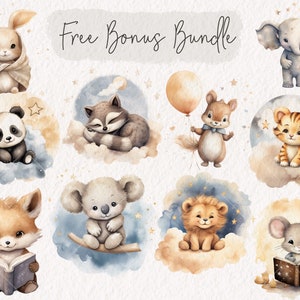 Op de afbeelding: Een set van negen aquarel illustraties met schattige dieren, waaronder een konijn, een panda, een wasbeer, een eekhoorn, een koala, een leeuw, een tijger, een muis en een olifant. Elk dier is afgebeeld in een grillige stijl met zachte kleuren en delicate details. De illustraties zijn perfect om elke project een vleugje charme te geven.