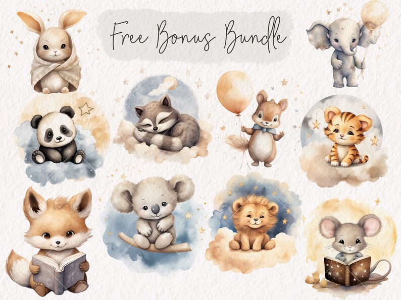 Op de afbeelding: Een set van negen aquarel illustraties met schattige dieren, waaronder een konijn, een panda, een wasbeer, een eekhoorn, een koala, een leeuw, een tijger, een muis en een olifant. Elk dier is afgebeeld in een grillige stijl met zachte kleuren en delicate details. De illustraties zijn perfect om elke project een vleugje charme te geven.