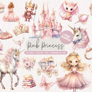 Pacote de clipart de princesa rosa, conjunto de clipart de princesa em aquarela, PNG de fantasia de princesa, gráfico de aniversário de princesa SVG de princesa de conto de fadas