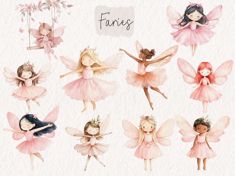 K&ouml;nnte beinhalten: Ein Set aus zehn Aquarell-Illustrationen von Feen mit rosa Fl&uuml;geln und Kleidern. Die Feen haben verschiedene Haarfarben und -stile, und einige tragen Blumenkr&auml;nze. Das Wort "Feen" ist oben im Bild in Kursivschrift geschrieben.