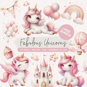 Rosa Einhorn Clipart-Bundle, süßes Einhorn PNG, Einhorn-Geburtstags-Party Clip Art, Einhorn SVG, Aquarell Einhorn Grafiken, Kawaii Einhörner