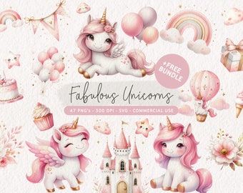 Pink Unicorn Clipart Bundle, Cute Unicorn PNG, Unicorn Birthday Party Clip Art, Unicorn SVG, Watercolor Unicorn Graphics, Kawaii Unicorns
