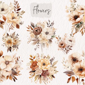 May include: A collection of watercolor illustrations of bouquets of flowers in shades of brown, beige, and white. The flowers are arranged in a variety of styles, with some bouquets featuring a single type of flower and others featuring a mix of different flowers. The text "Flowers" is written in a handwritten font at the top of the image.