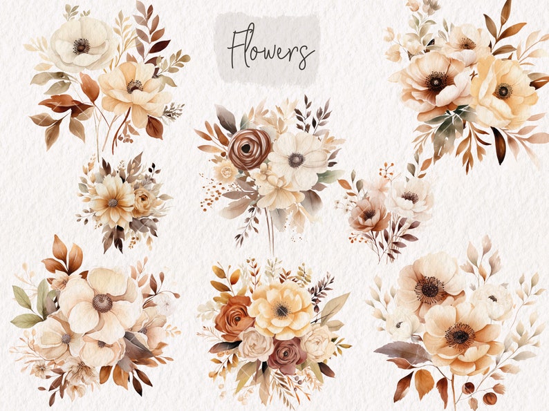May include: A collection of watercolor illustrations of bouquets of flowers in shades of brown, beige, and white. The flowers are arranged in a variety of styles, with some bouquets featuring a single type of flower and others featuring a mix of different flowers. The text "Flowers" is written in a handwritten font at the top of the image.