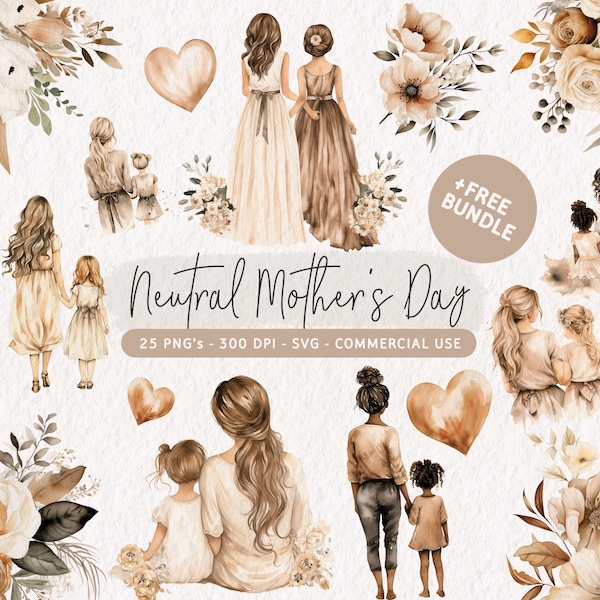 Watercolor Mother’s Day Clipart, Floral Mother’s Day PNG, Neutral Mother’s Day SVG, Mother’s Day Clip Art Bundle Commercial Use, Mom and Me