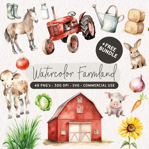 Watercolor Farm Clipart Bundle, Cute Farm Animals PNG, Farm PNG, Farm SVG, Farm Graphics, Rustic Farm Illustrations, Barn Clip Art Set