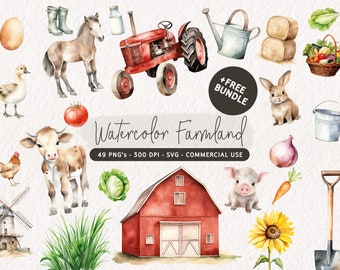 Paquete de imágenes prediseñadas de granja en acuarela, lindos animales de granja PNG, PNG de granja, SVG de granja, gráficos de granja, ilustraciones de granjas rústicas, conjunto de imágenes prediseñadas de granero