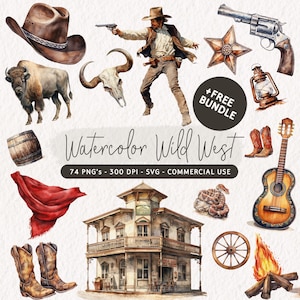 Aquarell Western Clipart Bundle, Cowboy PNG, Cowgirl SVG, Western-Grafik, Western-Geburtstags-Party-Set, Western-Illustrationen, Wilder Westen