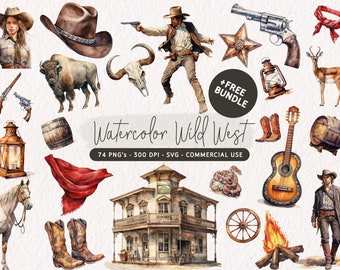Watercolor Western Clipart Bundle, Cowboy PNG, Cowgirl SVG, Western Graphics, Western Birthday Party Set, Western Illustrations, Wild West