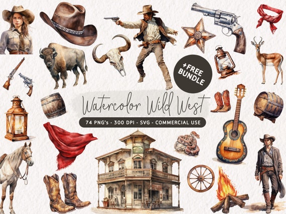 Watercolor Western Clipart Bundle, Cowboy PNG, Cowgirl SVG, Western Graphics, Western Birthday Party Set, Western Illustrations, Wild West