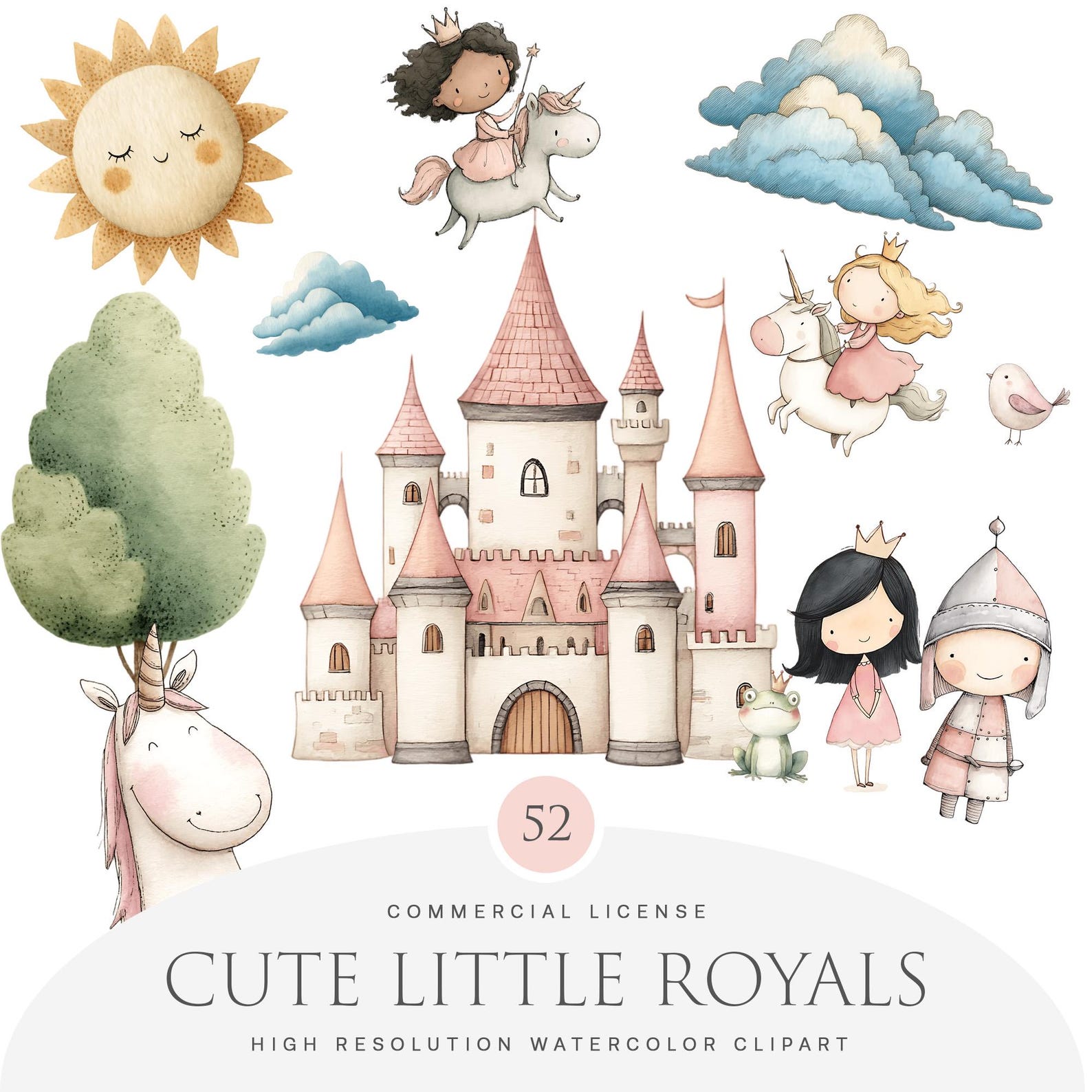 Princess Clipart Bundle – Watercolor Pink Graphics With Unicorn, Castle ...