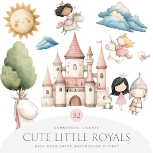 Pacote de Cliparts de Princesas – Gráficos em Aquarela Rosa com Ilustrações de Unicórnio, Castelo e Aniversário | PNGs Fofos de Princesas para Decoração de Festas