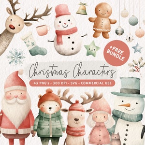 Leuke kerstfiguren clipart, aquarel kerst clip art bundel, kerst png-graphics, xmas SVG, wintersneeuwpop illustratie