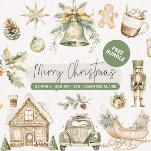 Merry Christmas clipartbundel, aquarel kerstgraphics, rustieke kerst png, gouden boho kerstmis SVG, boho xmas illustraties