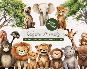 Bundle de cliparts aquarelle animaux de safari, mignons animaux de safari PNG, bébés animaux Safari SVG, clipart baby shower, décoration de chambre d'enfant Safari