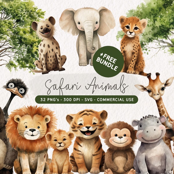 Watercolor Safari Animals Clipart Bundle, Cute Safari Animals PNG, Safari Baby Animals SVG, Baby Shower Clipart, Safari Nursery Decor