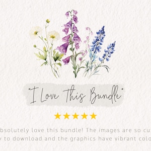 Puede incluir: Una rese&ntilde;a de cinco estrellas para un paquete de productos digitales que incluye ilustraciones de acuarela de flores en tonos de morado, azul y blanco. El texto "Me encanta este paquete" est&aacute; escrito en cursiva. La rese&ntilde;a dice "&iexcl;Me encanta este paquete! Las im&aacute;genes son tan lindas, f&aacute;ciles de descargar y los gr&aacute;ficos tienen colores vibrantes."
