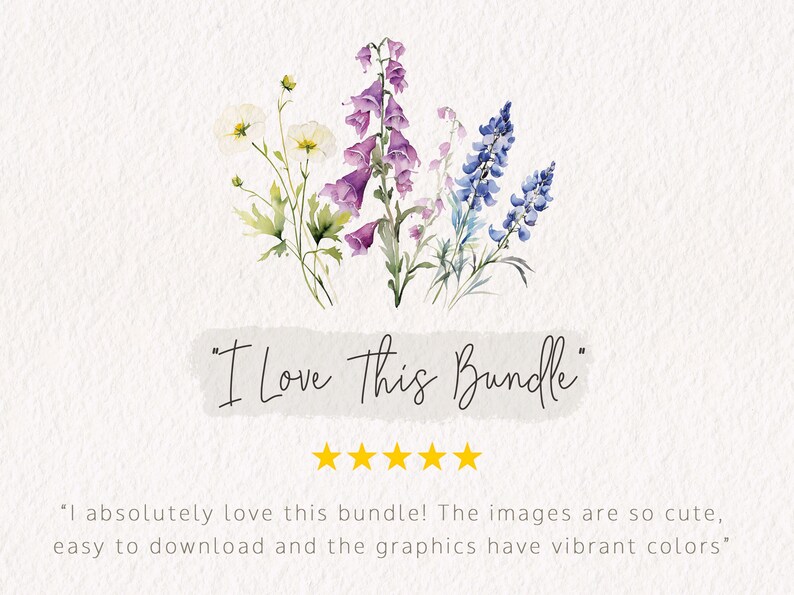 Puede incluir: Una rese&ntilde;a de cinco estrellas para un paquete de productos digitales que incluye ilustraciones de acuarela de flores en tonos de morado, azul y blanco. El texto "Me encanta este paquete" est&aacute; escrito en cursiva. La rese&ntilde;a dice "&iexcl;Me encanta este paquete! Las im&aacute;genes son tan lindas, f&aacute;ciles de descargar y los gr&aacute;ficos tienen colores vibrantes."