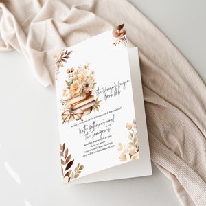 May include: A book club invitation with a watercolor illustration of a stack of books, glasses, and flowers. The text reads "The Woman's League Book Club" and "Walter Paterson's novel The Immigrants".