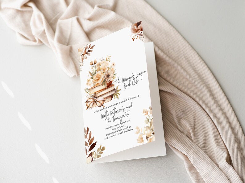 May include: A book club invitation with a watercolor illustration of a stack of books, glasses, and flowers. The text reads "The Woman's League Book Club" and "Walter Paterson's novel The Immigrants".