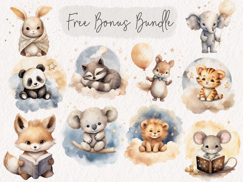 Puede incluir: Un conjunto de nueve ilustraciones de acuarela con animales adorables, que incluyen un conejo, un panda, un mapache, una ardilla, un koala, un le&oacute;n, un tigre, un rat&oacute;n y un elefante. Cada animal est&aacute; representado en un estilo caprichoso con colores suaves y detalles delicados. Las ilustraciones son perfectas para agregar un toque de encanto a cualquier proyecto.