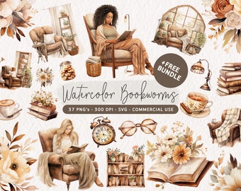 Paquete de imágenes prediseñadas de lectura en acuarela, imágenes prediseñadas de ratón de biblioteca acogedor, SVG de lectura boho, PNG de libros, gráficos de lectura para amantes de los libros, ilustraciones de libros