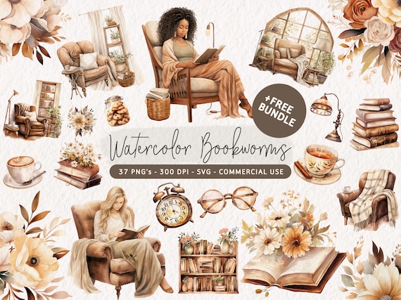 Watercolor Reading Clipart Bundle, Cozy Bookworm Clip Art, Boho Reading SVG, Book PNG, Book Lover Reading Graphics, Books Illustrations