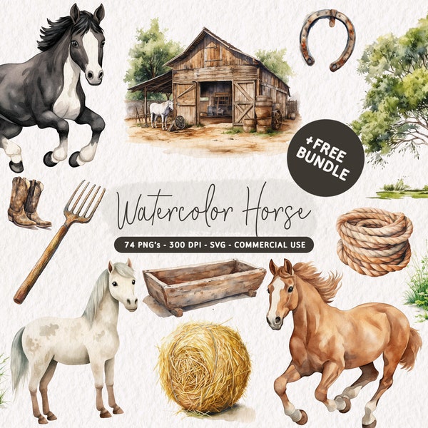 Bundle de cliparts cheval aquarelle, cheval mignon Clip Art, graphiques PNG cheval, cheval SVG, conception en sublimation chevaux, Illustrations de chevaux